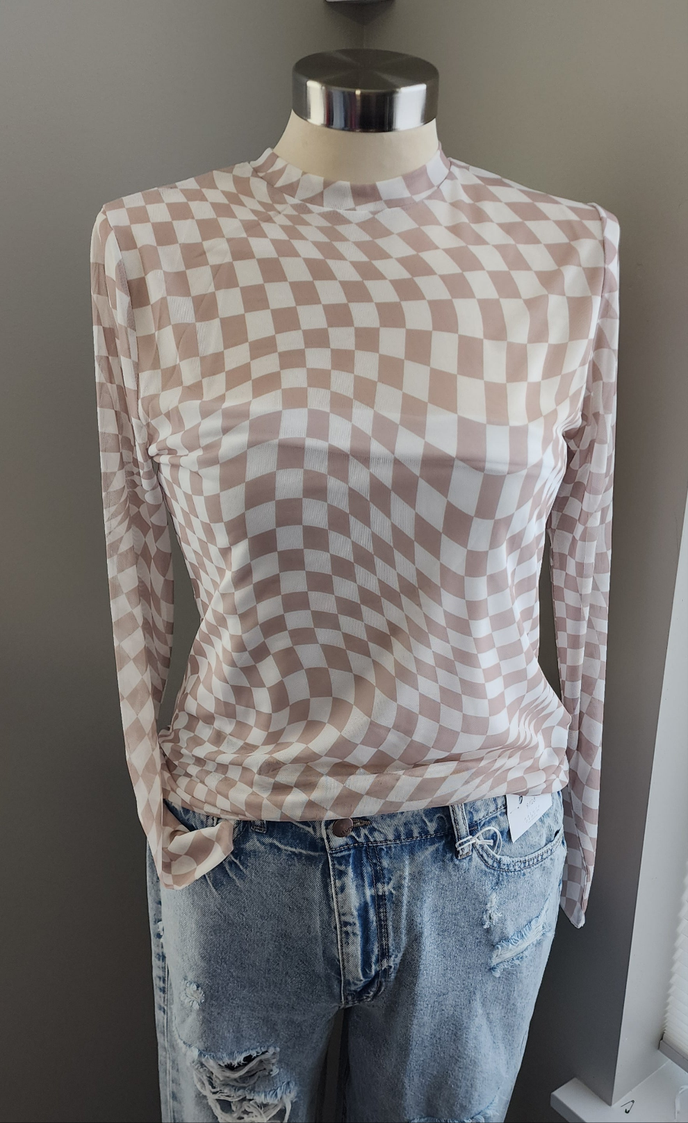 LONG SLEEVE CHECK MESH TOP – Swasey Boutique