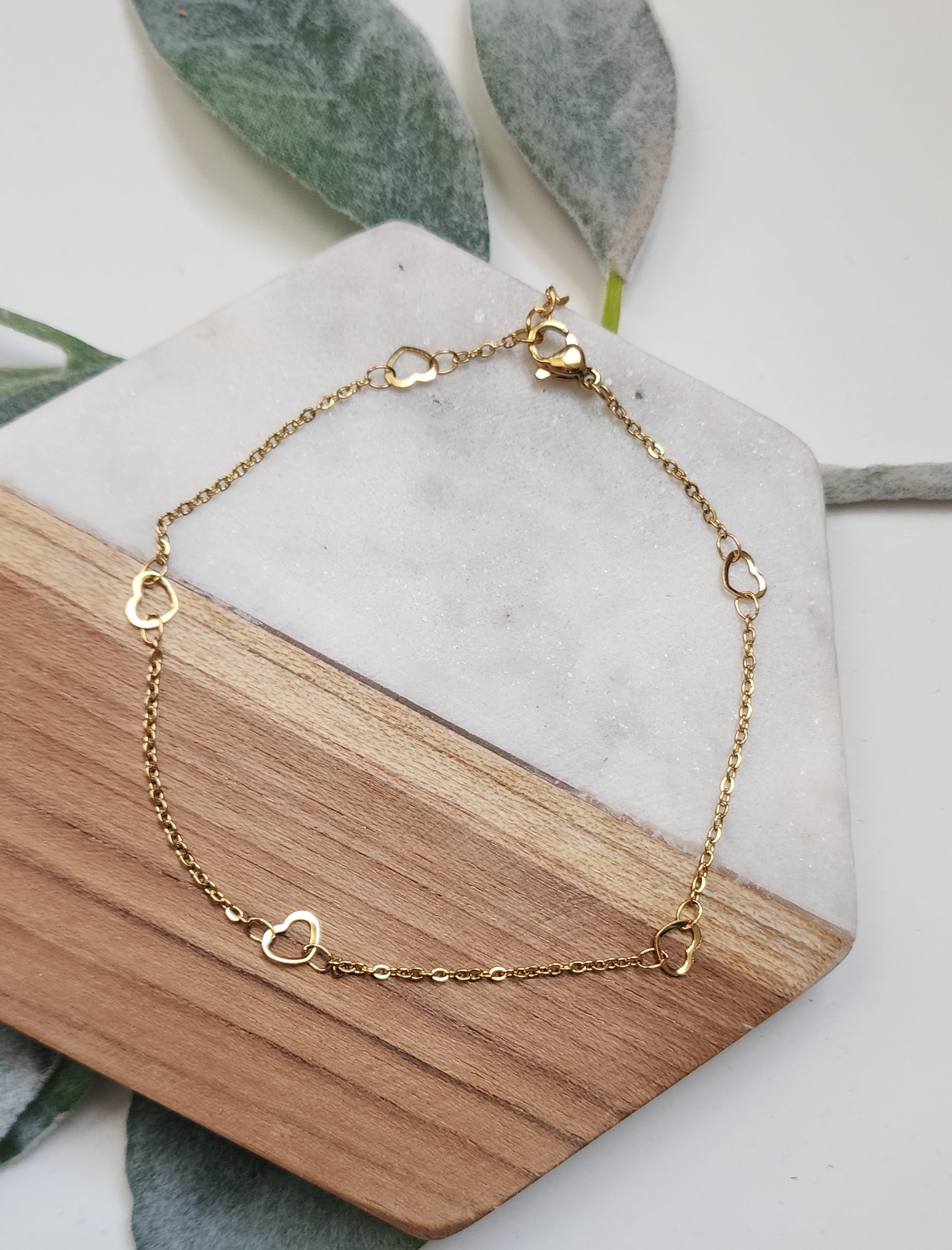 18K Gold Plated Heart Ball Link Chain Anklet Bracelet - Adjustable Stainless Steel Lobster Clasp